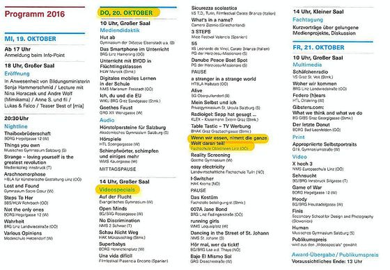 Programm des mla – media literacy award 2016 – mit dem Film „wenn wir essen, nimmt die ganze Welt daran teil!“ der FS Oblatinnen Linz
